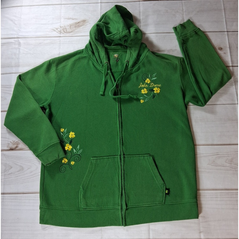 John Deere Womens XL Green Embroidered Full Zip Hoodie Floral Rhinestone Logo